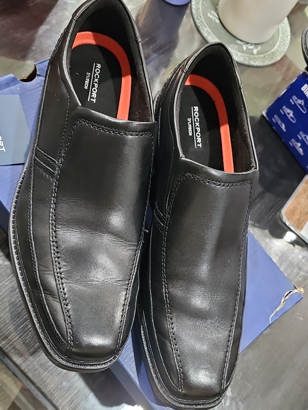 Rockport Black Leather Slip-On Loafers with Red Inset